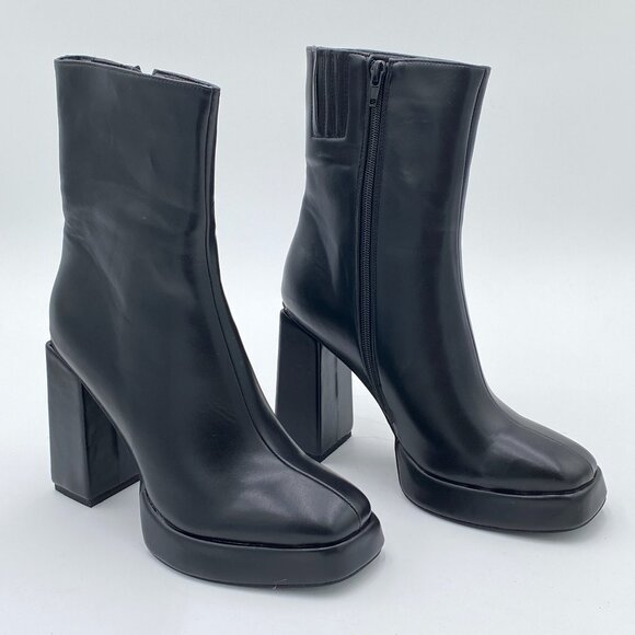 Black Women Chunky High Heels Platform Closed Toe Stretch Side Zip Ankle Boots - Picture 1 of 6